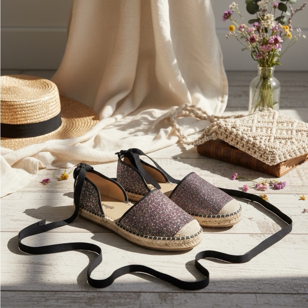 Free People Floral Espadrilles with Black Ribbon